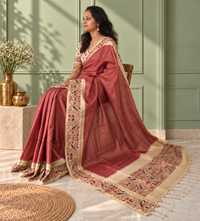 Ornate Floral Border  Muted Terracotta Tussar Silk Saree