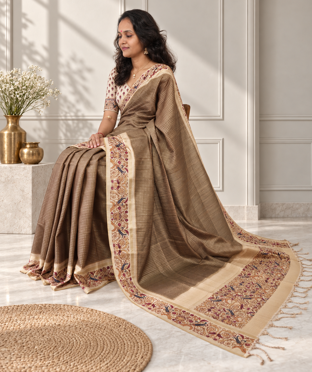 ornate floral border muted olive green tussar silk saree