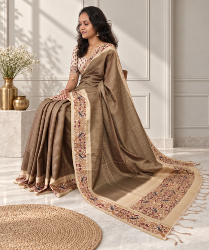 Ornate Floral Border Muted Olive Green Tussar Silk Saree