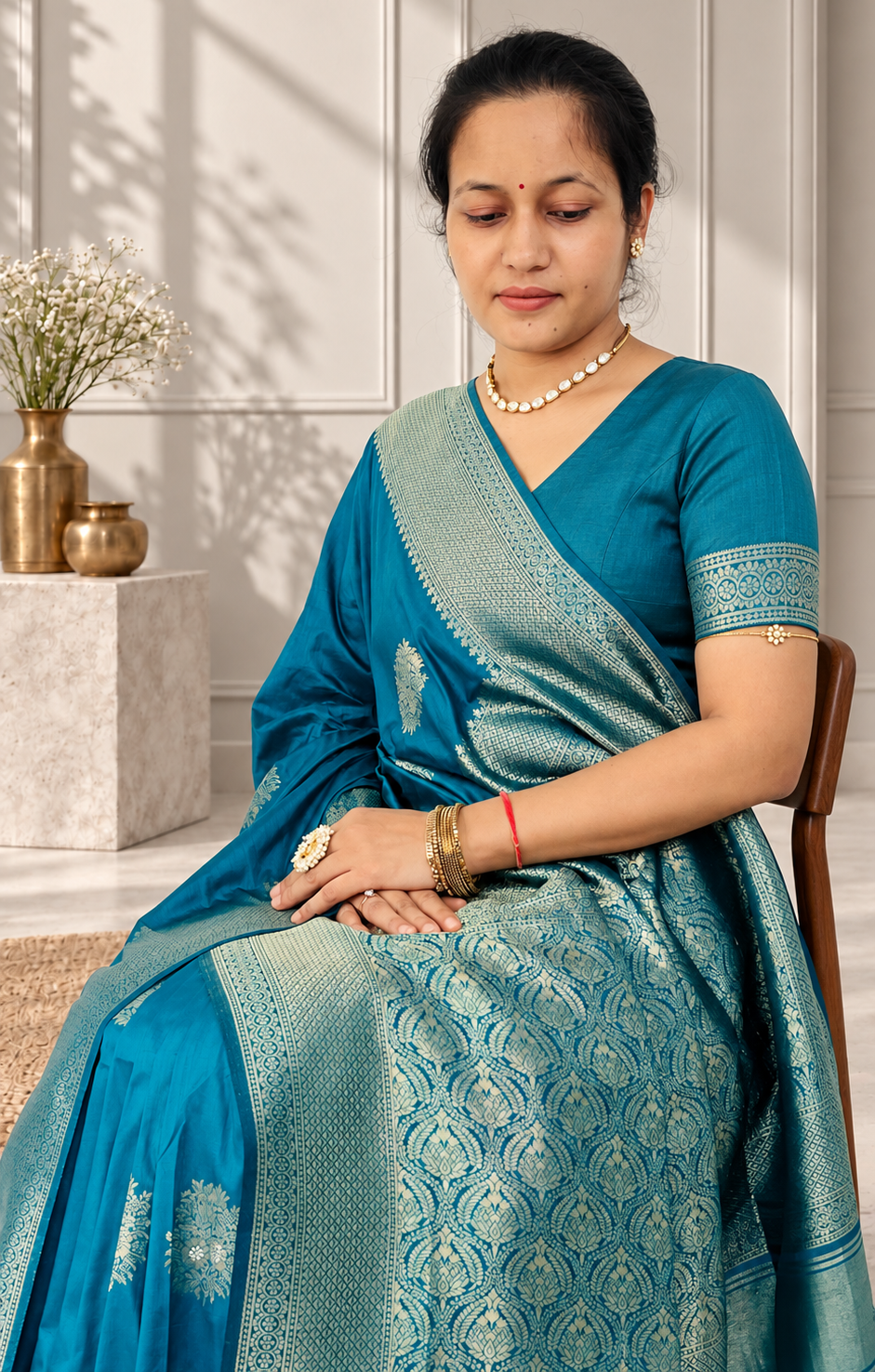 peacock blue silk butta saree with rich woven border