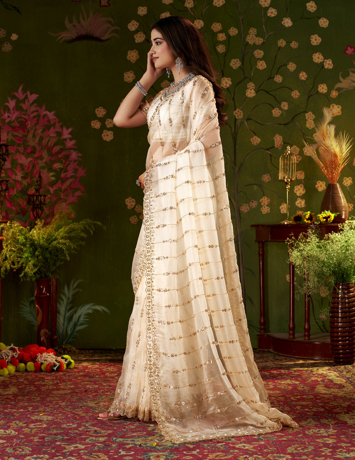 Side drape of Ivory White Floral Tissue Silk Saree with Hand Work