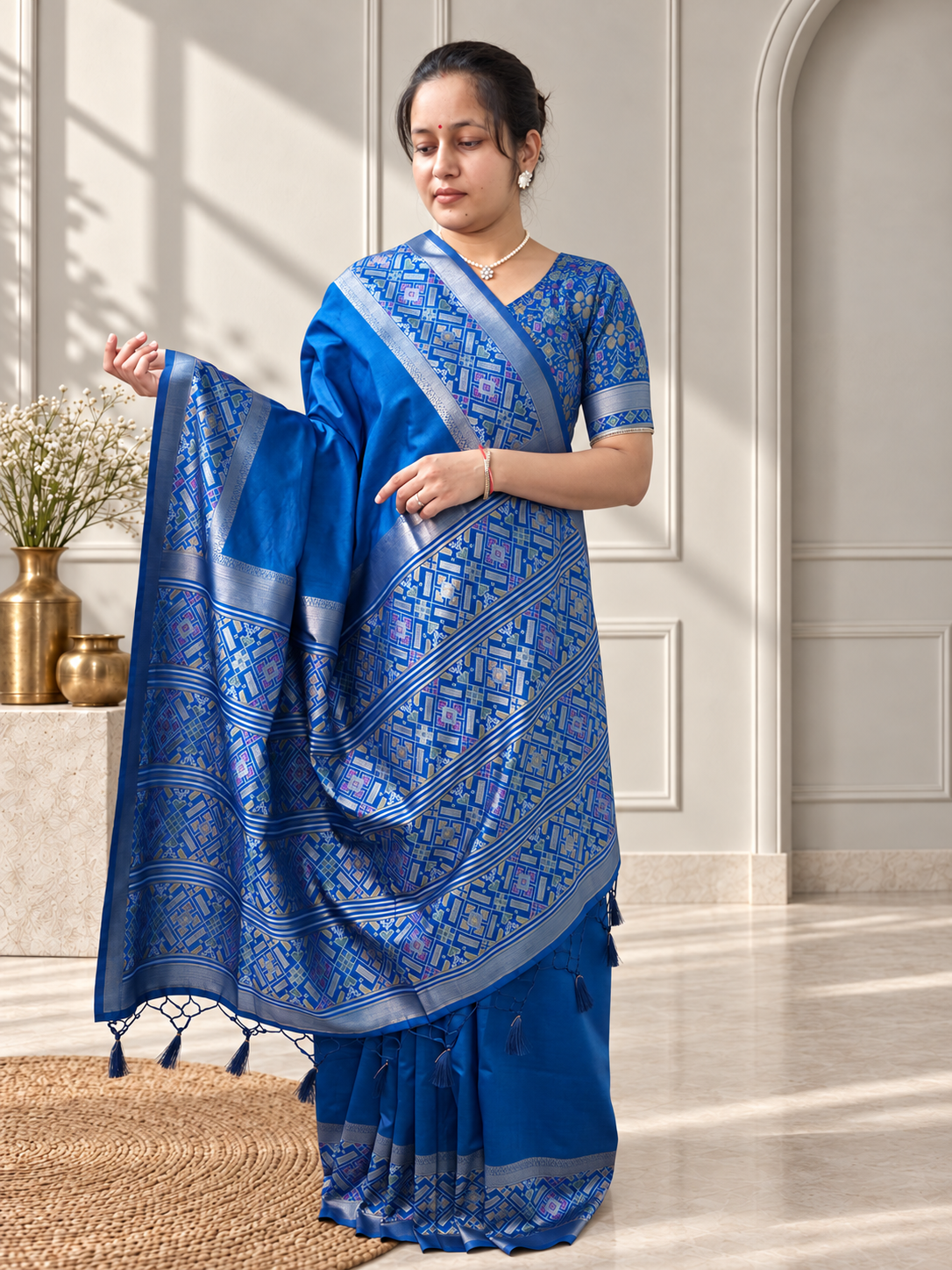 royal blue patola silk saree with traditional motif