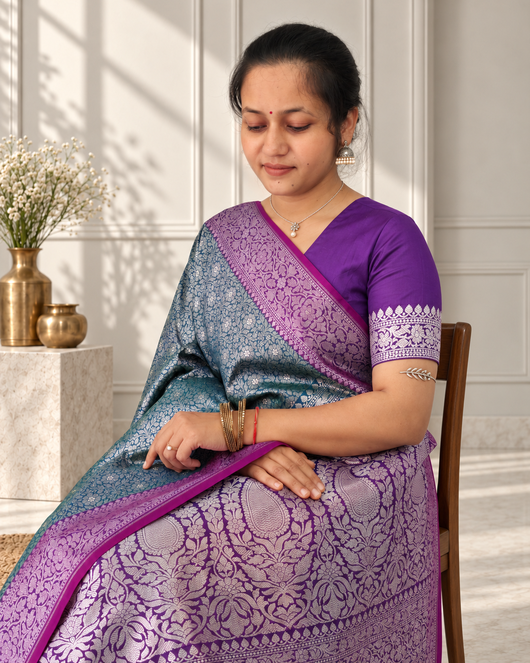 Teal Blue Crepe Jaal Silk Saree with Contrasting Floral Border