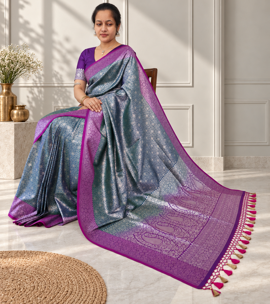 Teal Blue Crepe Jaal Silk Saree with Contrasting Floral Border