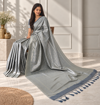Steel Blue Banarasi Silk Saree with Floral Jaal & Rich Woven Border