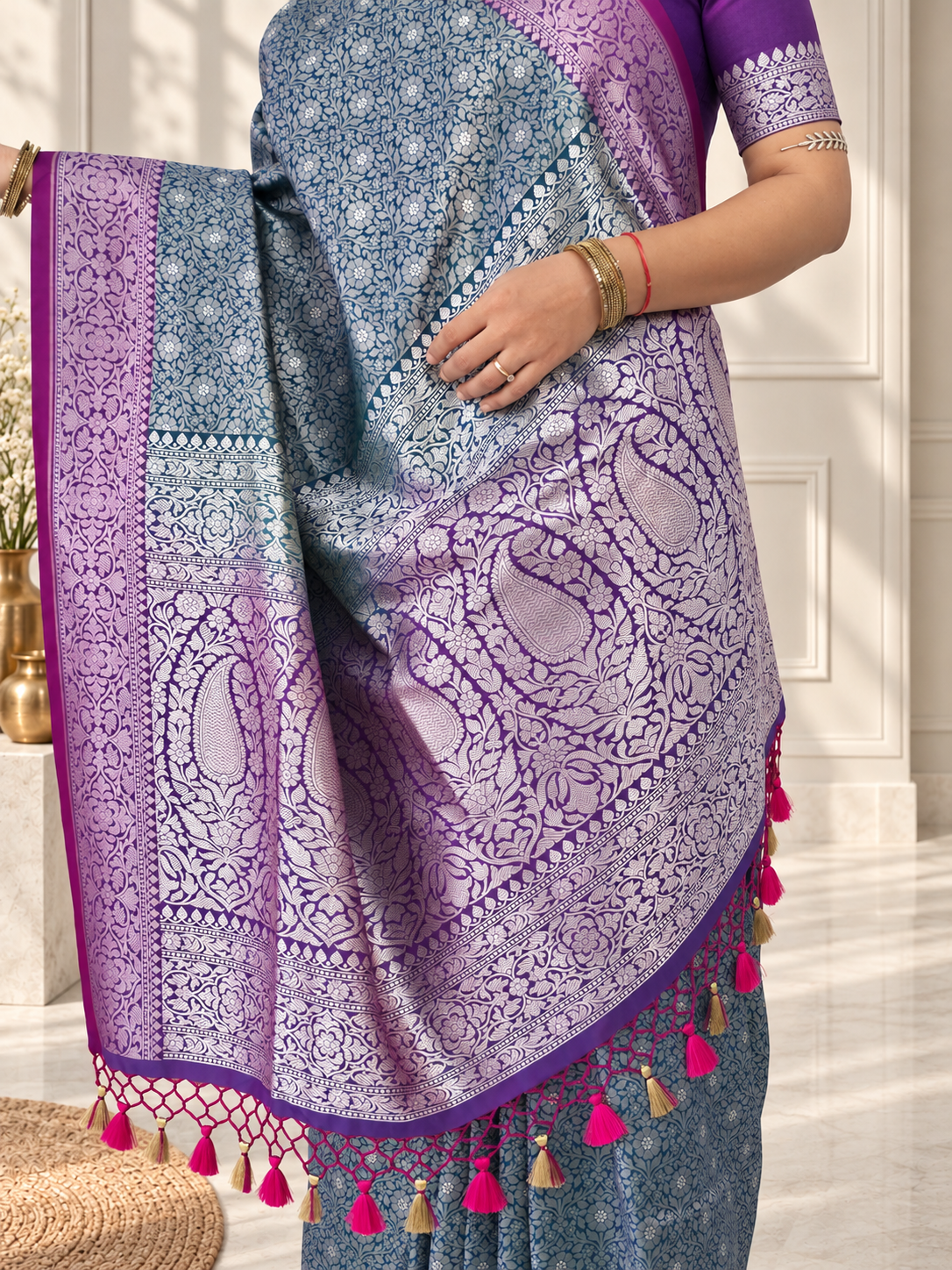 Teal Blue Crepe Jaal Silk Saree with Contrasting Floral Border