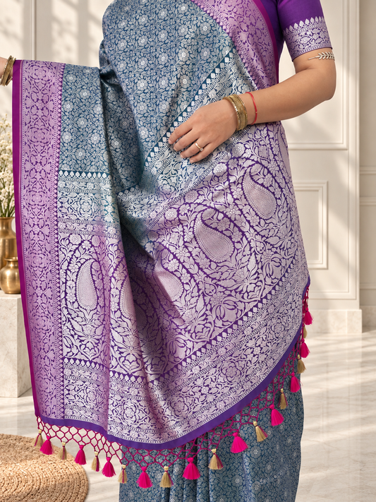 Teal Blue Crepe Jaal Silk Saree with Contrasting Floral Border