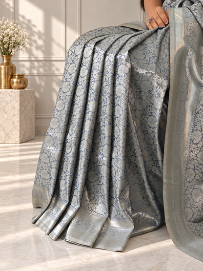 Steel Blue Banarasi Silk Saree with Floral Jaal & Rich Woven Border