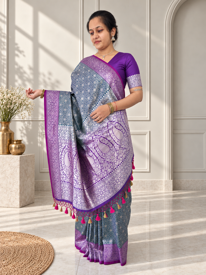Teal Blue Crepe Jaal Silk Saree with Contrasting Floral Border