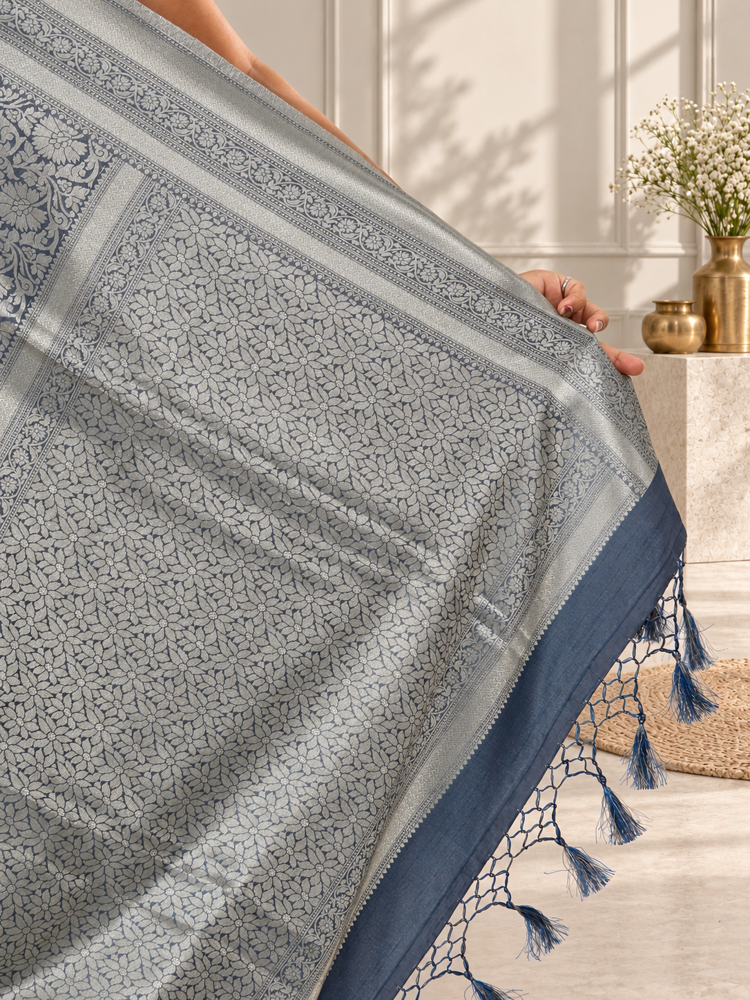 steel blue banarasi silk saree with floral jaal & rich woven border