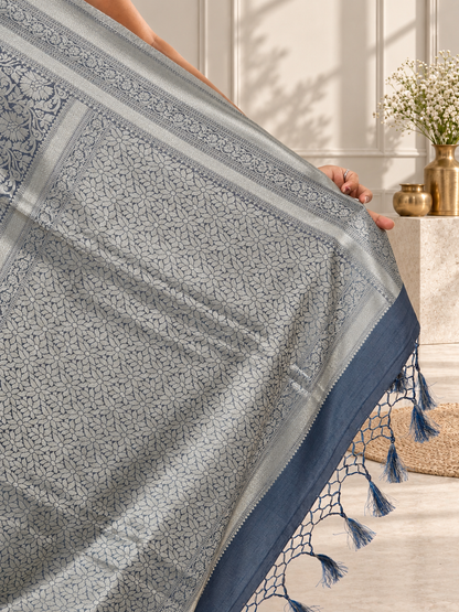 Steel Blue Banarasi Silk Saree with Floral Jaal & Rich Woven Border