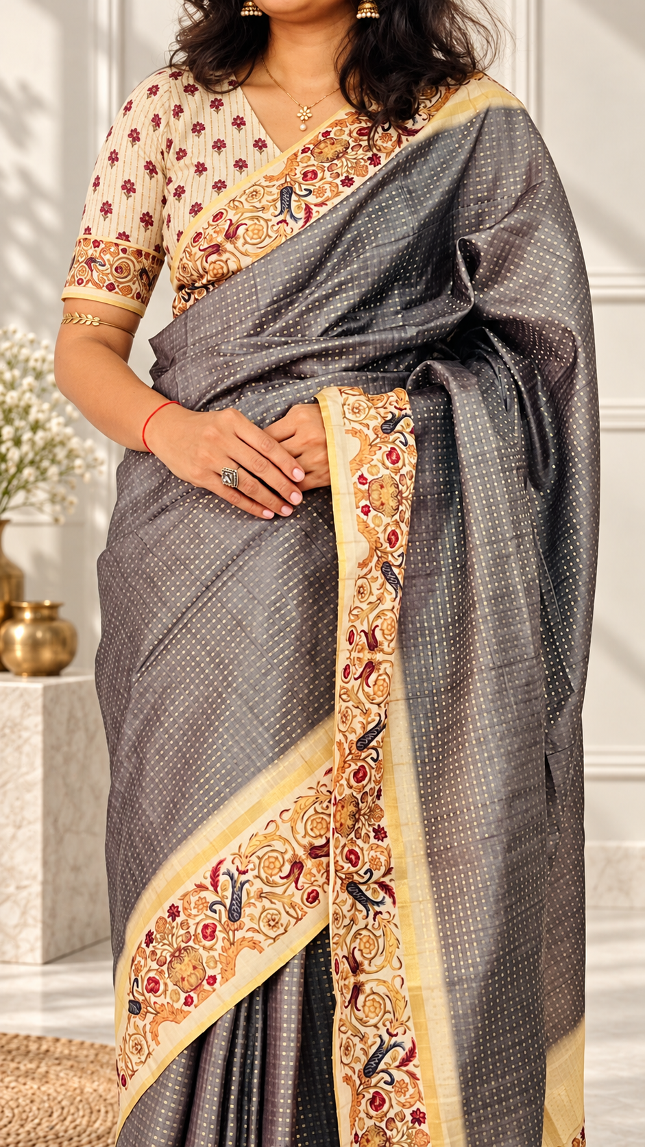 Ornate Floral Border Charcoal Grey Tussar Silk Saree