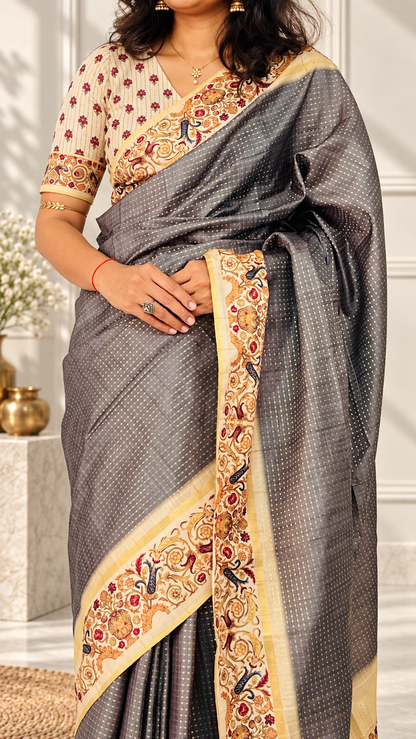 Ornate Floral Border Charcoal Grey Tussar Silk Saree