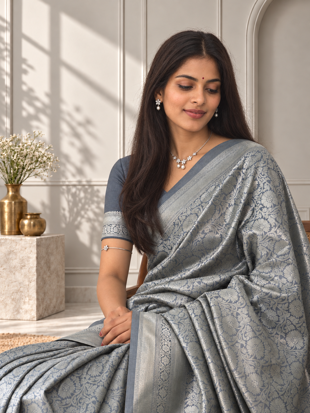 steel blue banarasi silk saree with floral jaal & rich woven border
