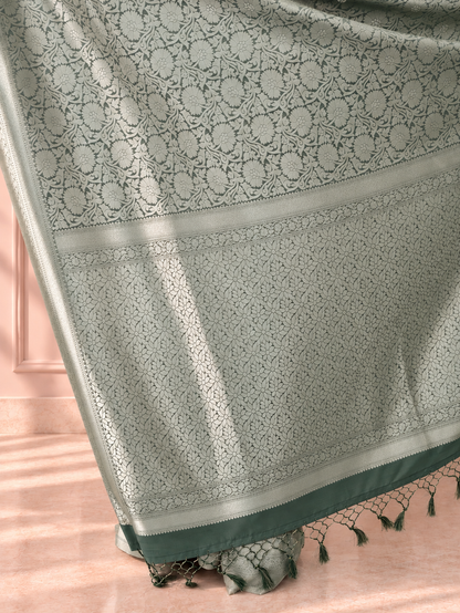 Sage Green Banarasi Silk Saree with Floral Jaal & Rich Woven Border