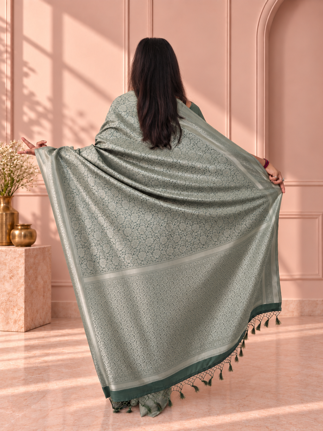 sage green banarasi silk saree with floral jaal & rich woven border