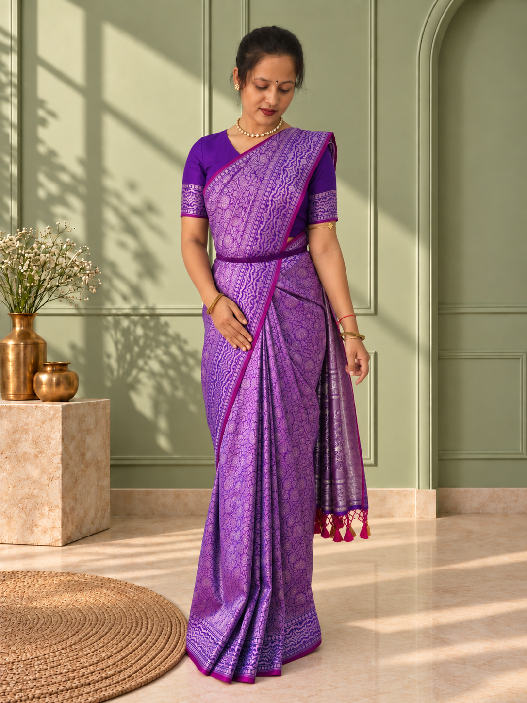 Purple Crepe Jaal Silk Saree with Matching Floral Border