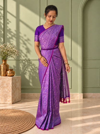 Purple Crepe Jaal Silk Saree with Matching Floral Border