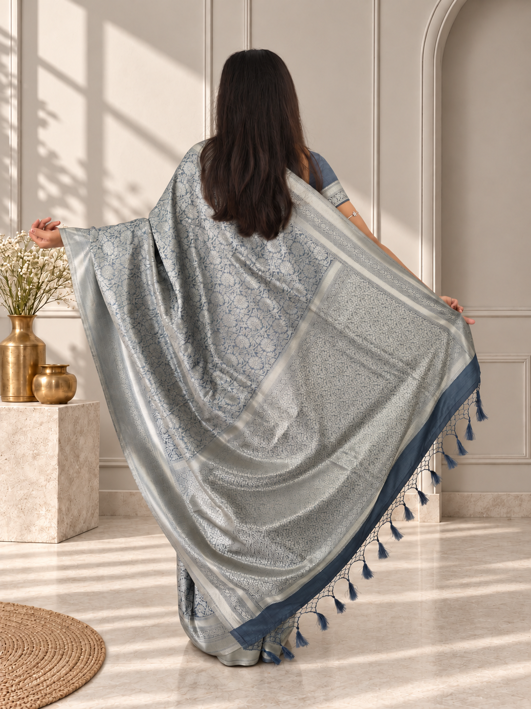 Steel Blue Banarasi Silk Saree with Floral Jaal & Rich Woven Border