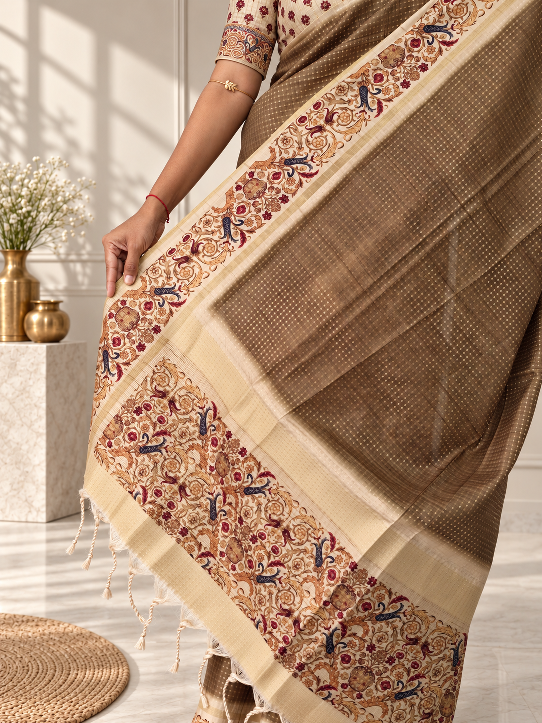 Ornate Floral Border Muted Olive Green Tussar Silk Saree