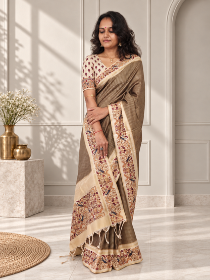Ornate Floral Border Muted Olive Green Tussar Silk Saree