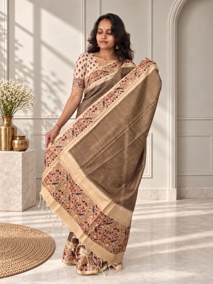 Ornate Floral Border Muted Olive Green Tussar Silk Saree