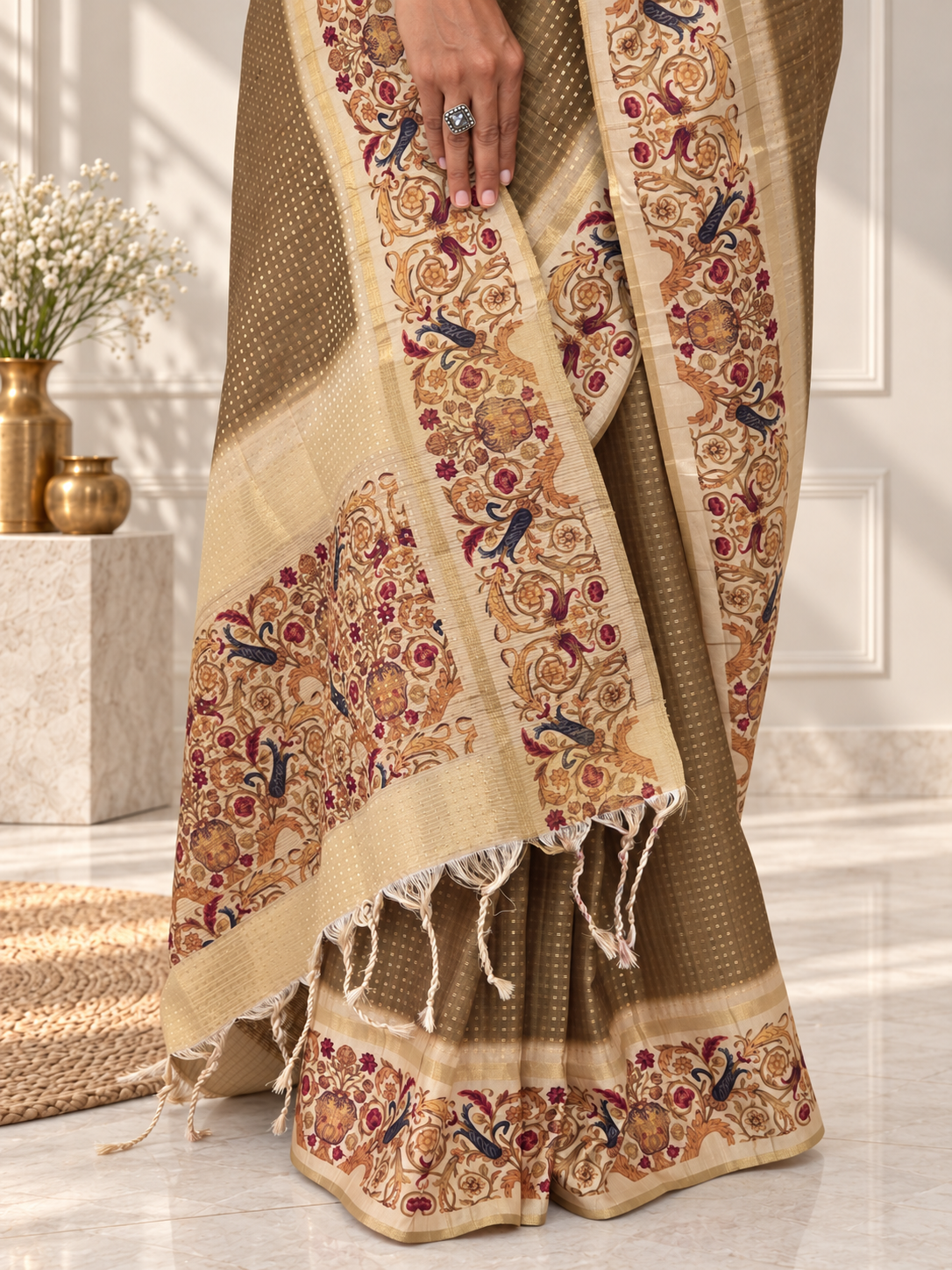 Ornate Floral Border Muted Olive Green Tussar Silk Saree