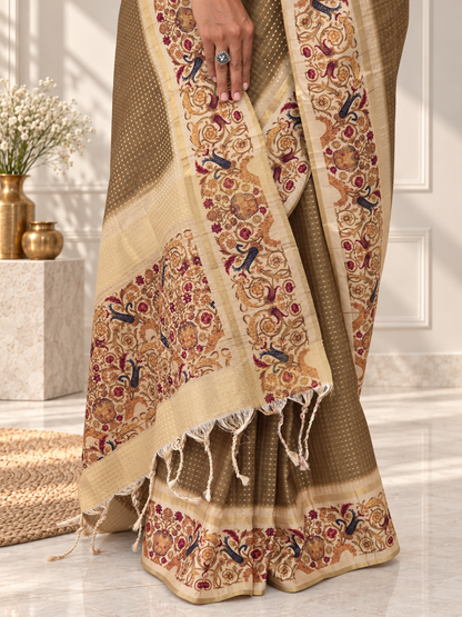 Ornate Floral Border Muted Olive Green Tussar Silk Saree
