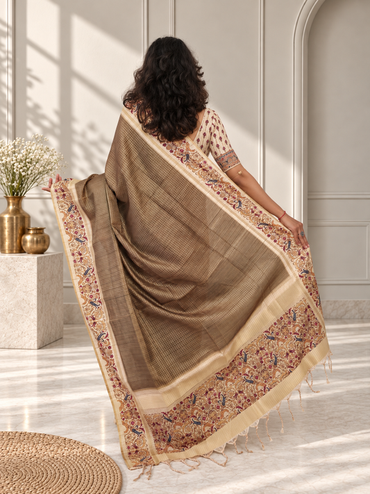 Ornate Floral Border Muted Olive Green Tussar Silk Saree