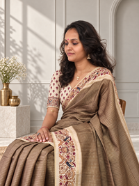 Ornate Floral Border Muted Olive Green Tussar Silk Saree