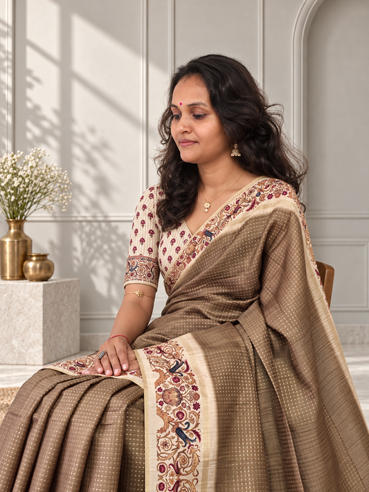 Ornate Floral Border Muted Olive Green Tussar Silk Saree