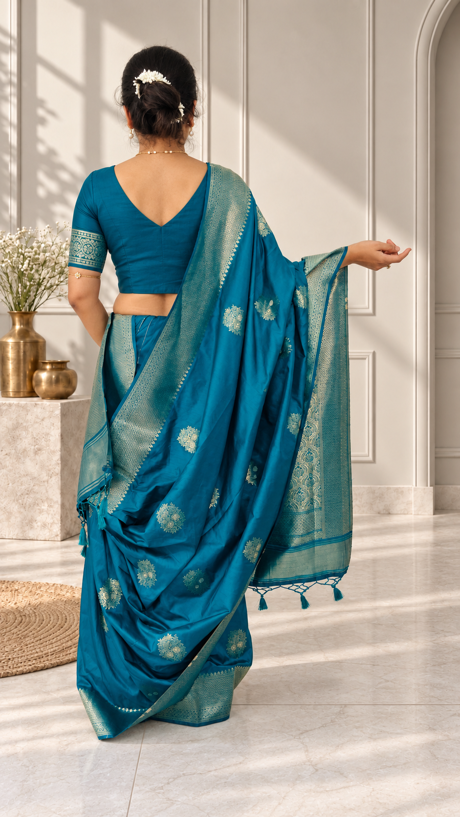 Peacock Blue Silk Butta Saree with Rich Woven Border