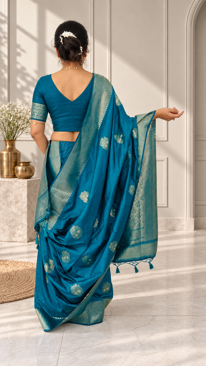Peacock Blue Silk Butta Saree with Rich Woven Border