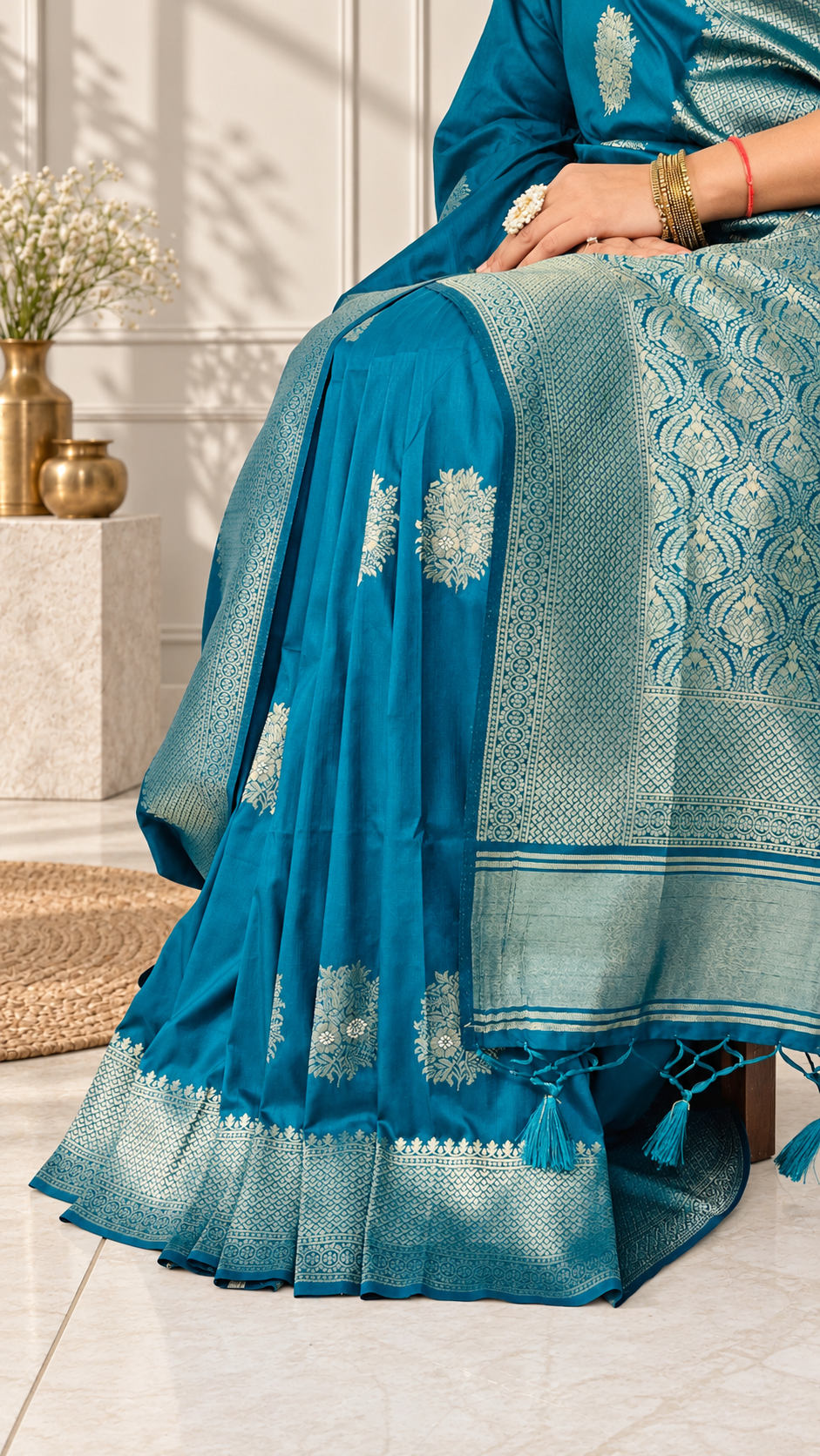 peacock blue silk butta saree with rich woven border