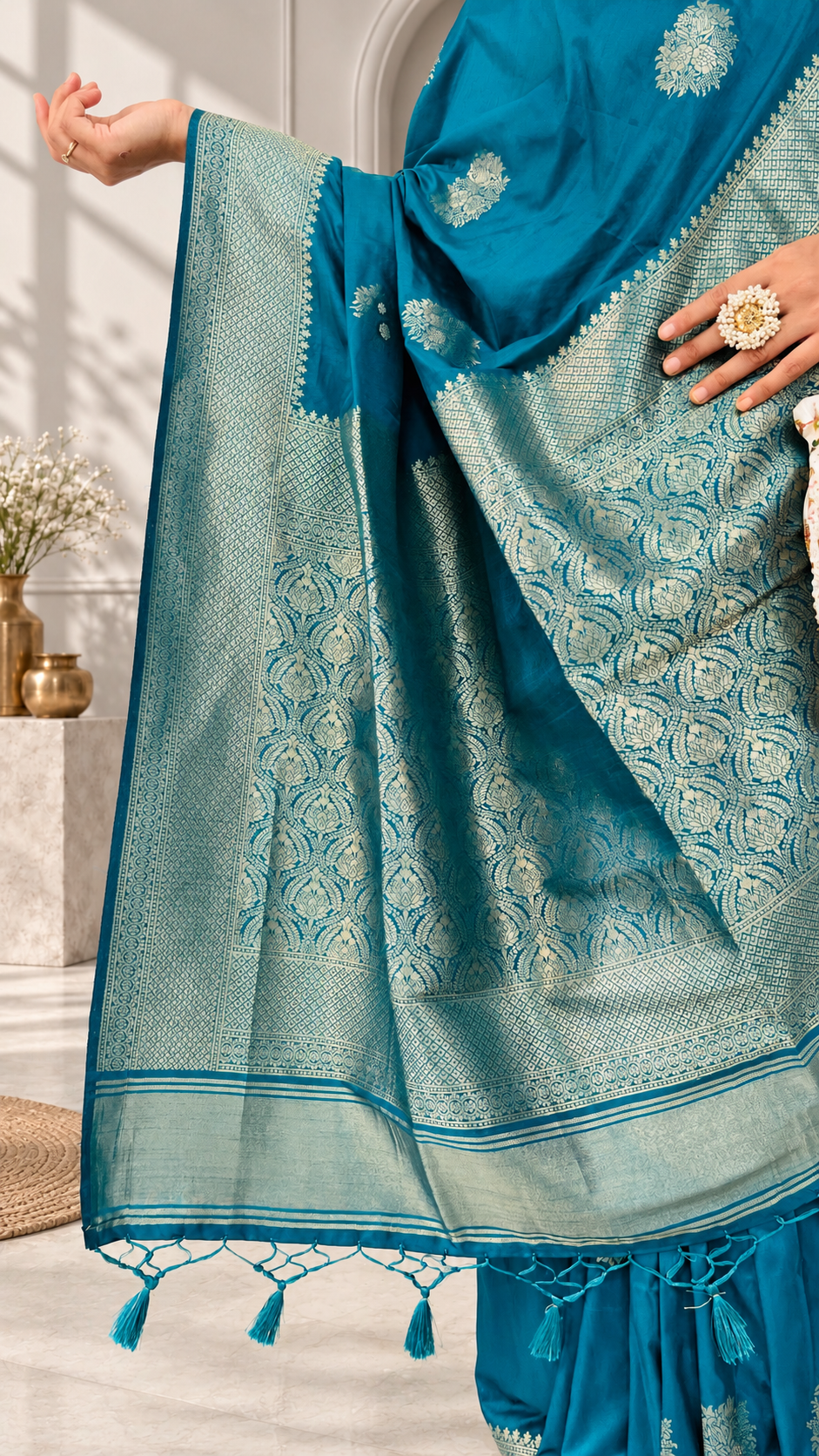 peacock blue silk butta saree with rich woven border