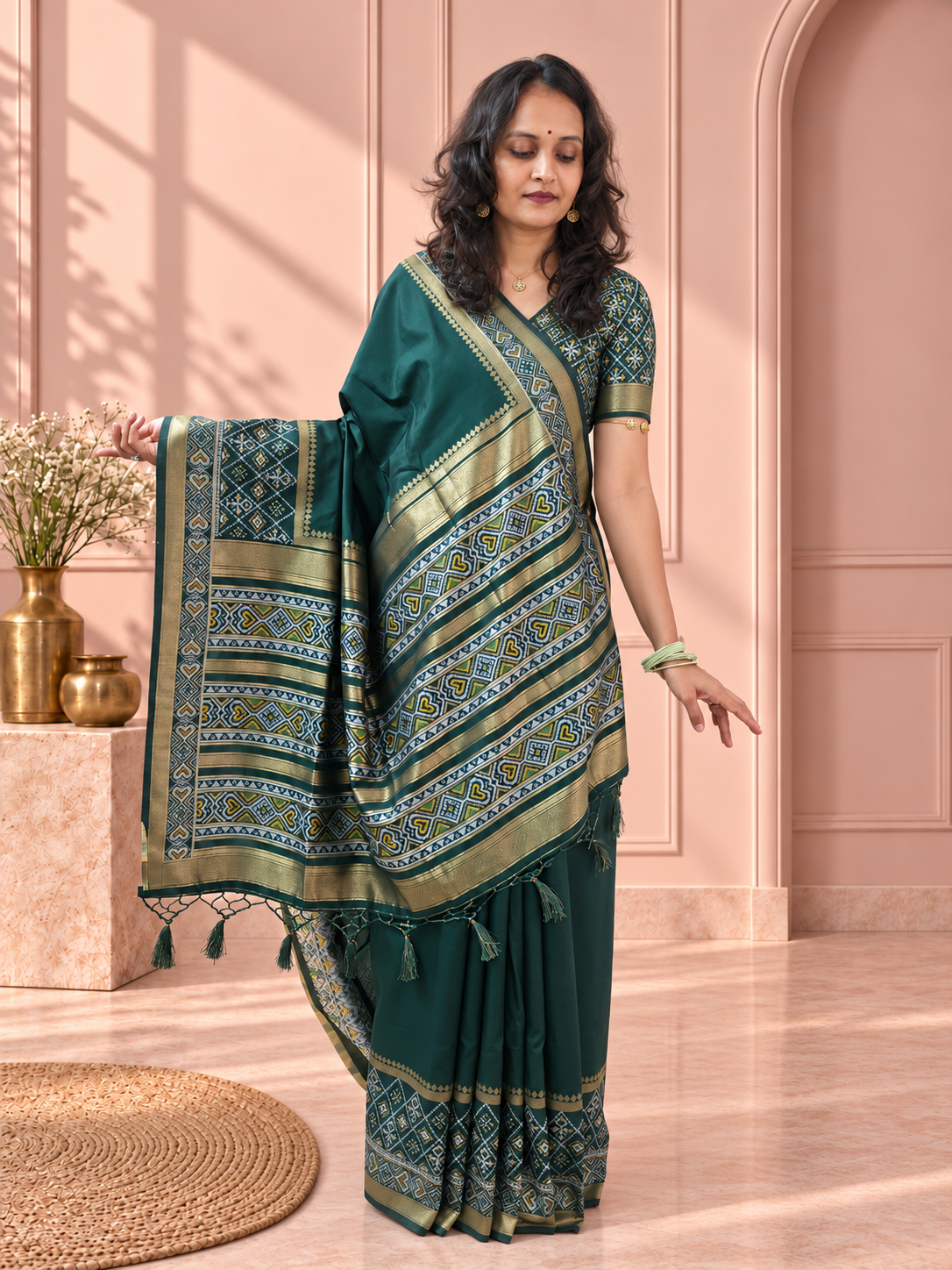 bottle green silk gala patola broad border saree