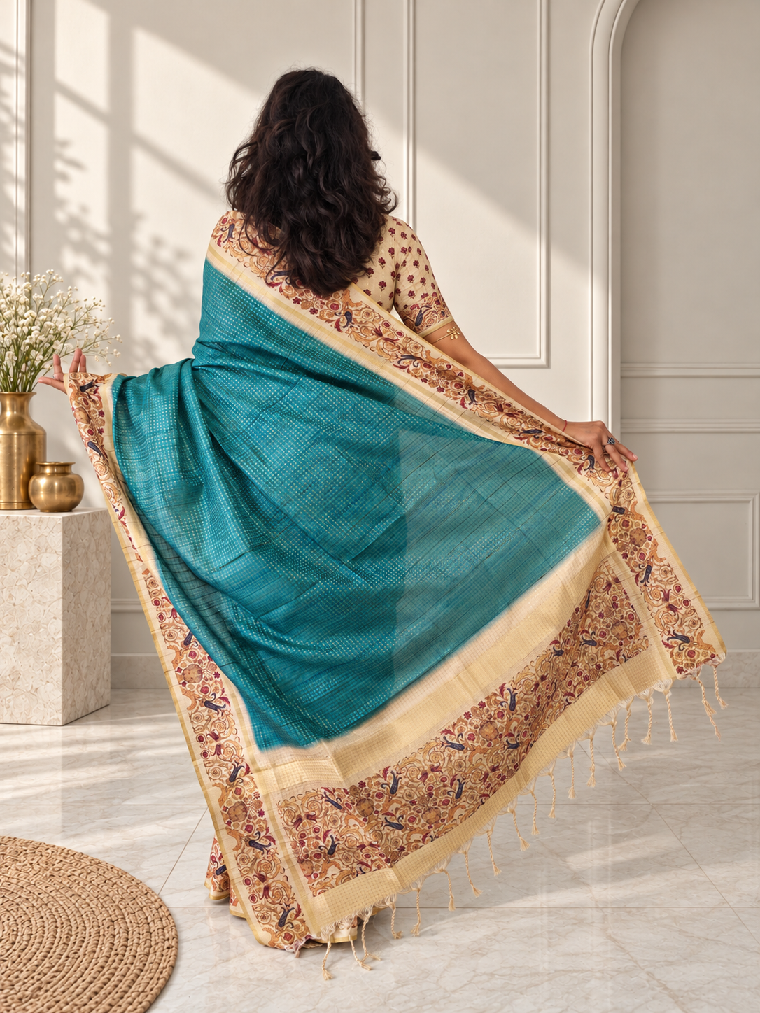 Ornate Floral Border Dusty Sky Blue Tussar Silk Saree