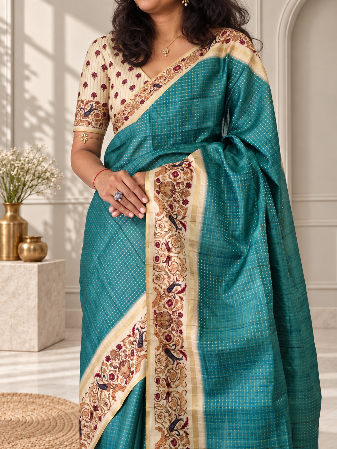 Ornate Floral Border Dusty Sky Blue Tussar Silk Saree