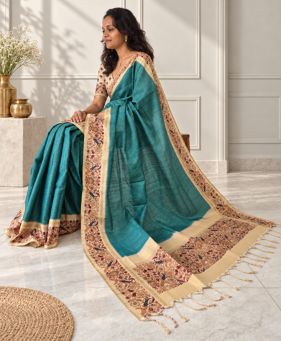 ornate floral border dusty sky blue tussar silk saree