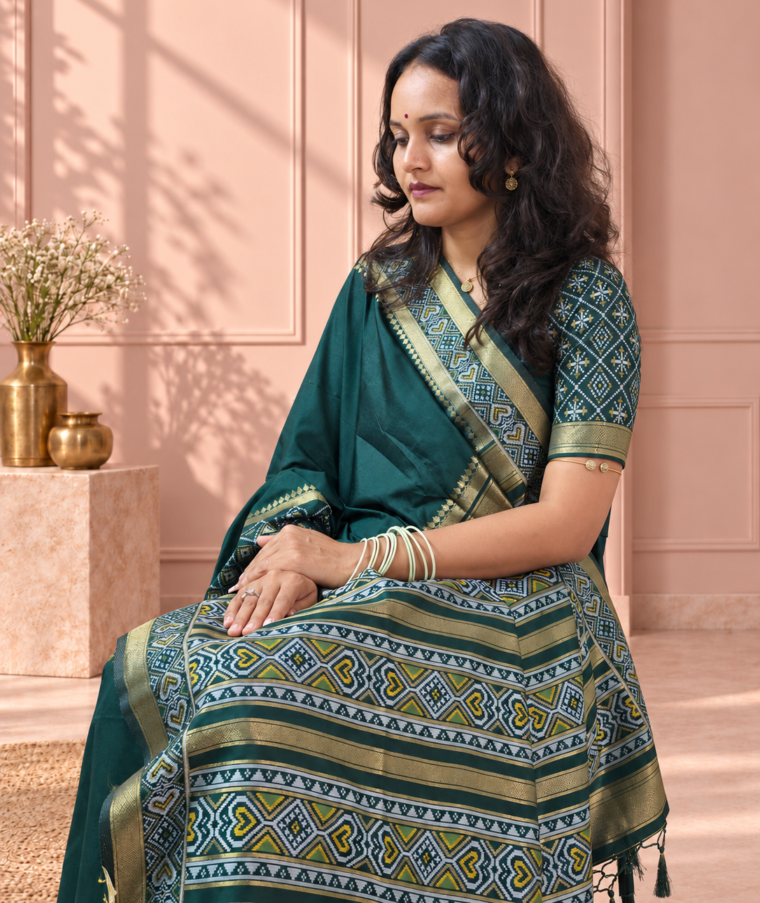 Bottle Green Silk Gala Patola Broad Border Saree