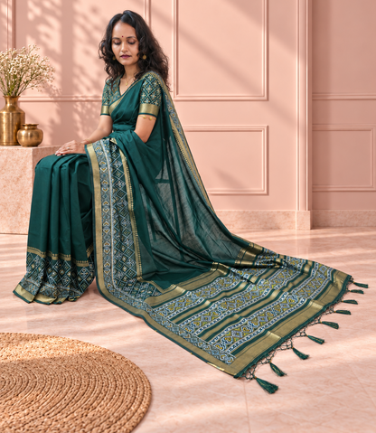 Bottle Green Silk Gala Patola Broad Border Saree