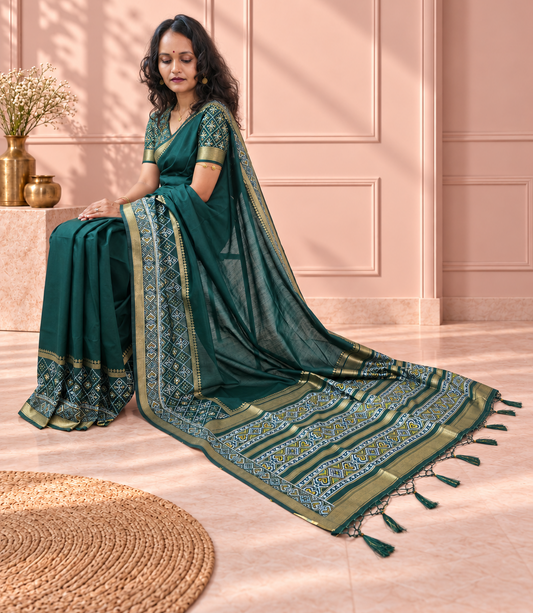 Bottle Green Silk Gala Patola Broad Border Saree