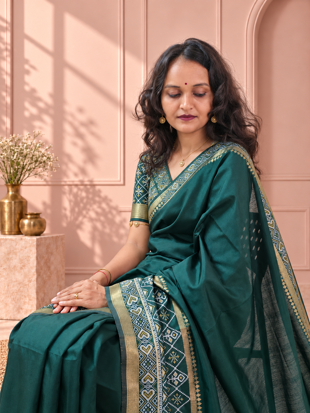 bottle green silk gala patola broad border saree