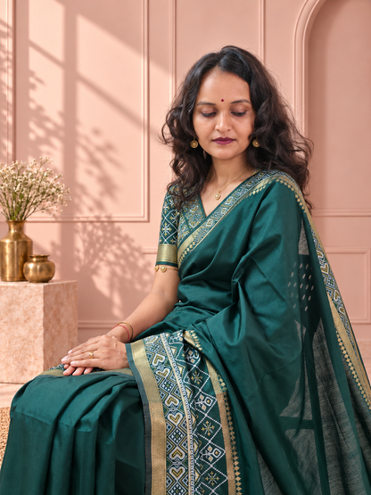 Bottle Green Silk Gala Patola Broad Border Saree