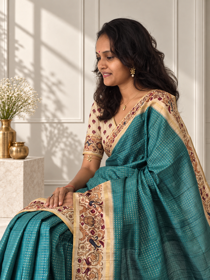 Ornate Floral Border Dusty Sky Blue Tussar Silk Saree