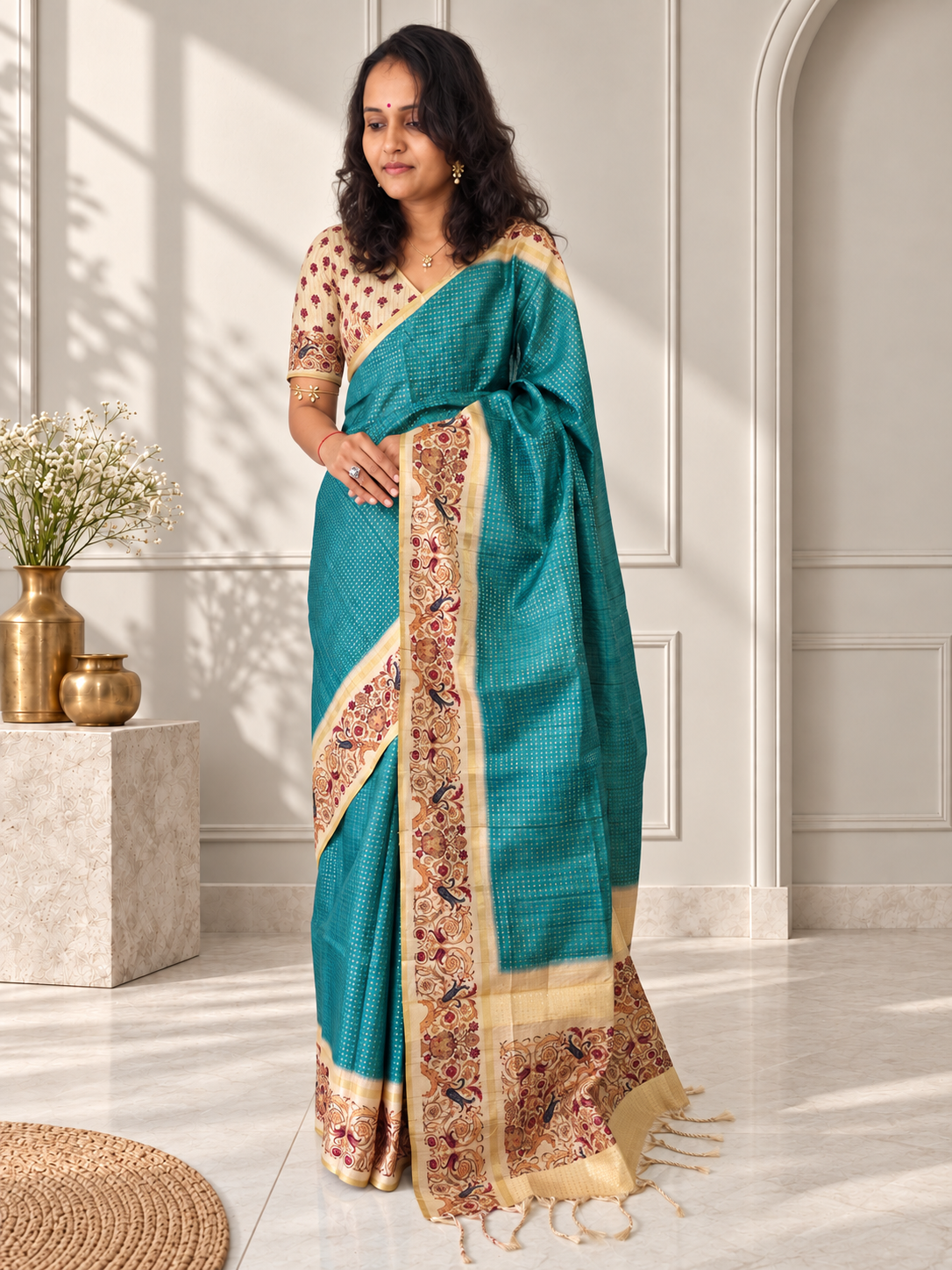 Ornate Floral Border Dusty Sky Blue Tussar Silk Saree