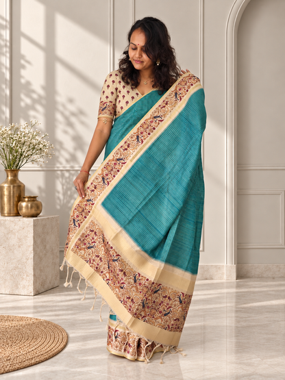 Ornate Floral Border Dusty Sky Blue Tussar Silk Saree