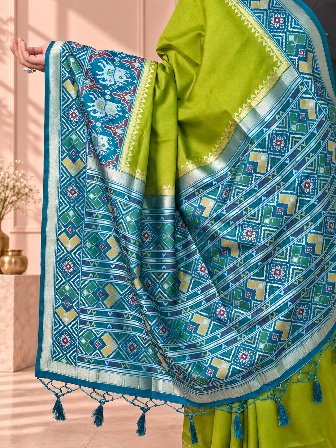 Teal Blue & Lime Green Patola Silk Saree with Elephant Motif