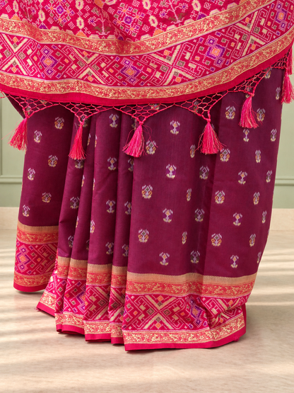 Maroon Magenta Silk Patola Saree with Geometric Woven Border