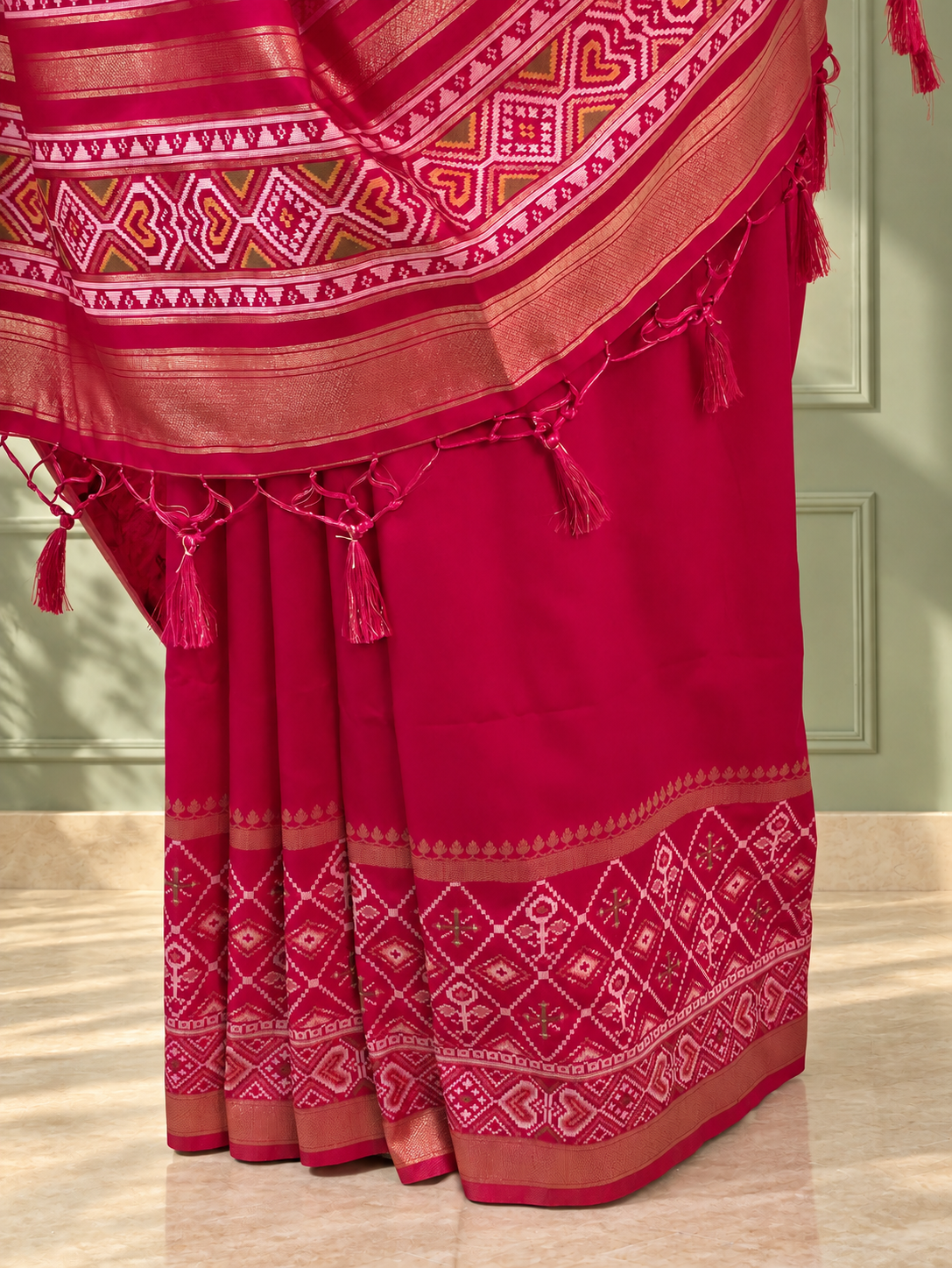 Rani Pink Silk Gala Patola Broad Border Saree
